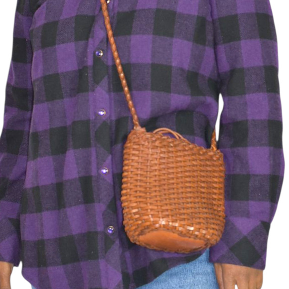 Vintage Ellepi Woven Bucket Bag Brown Leather Crossbody Drawstring Cottagecore - Picture 15 of 16